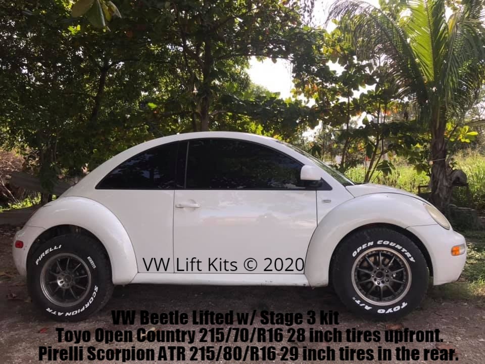 The Ultimate VW New Beetle lifted with Stage 3 kit sporting 28 inch Toyos and 29 inch Pirelli all terrain tires!